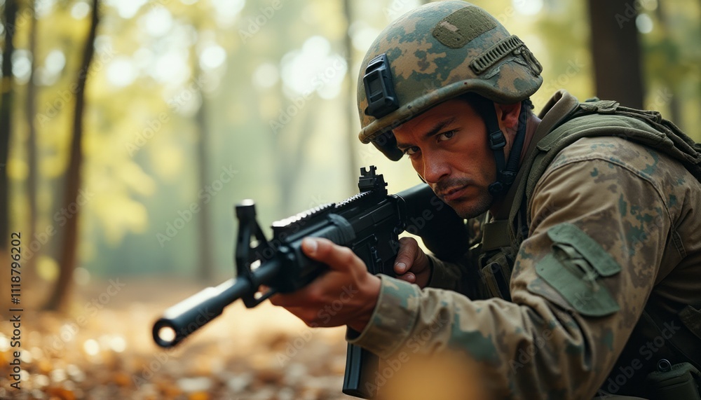 Fototapeta premium A focused soldier crouches in a sun-dappled forest, gripping his rifle with determination. The golden hues of autumn leaves surround him, contrasting with his camouflaged uniform, evoking a sense of
