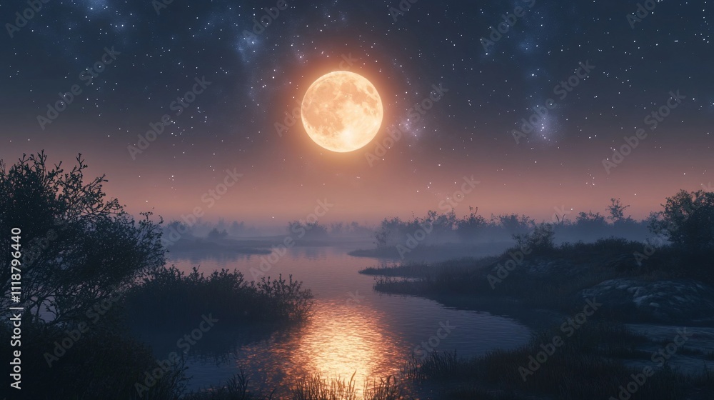 Misty night landscape with full moon reflecting on calm water. Misty night landscape with full moon reflecting on calm water.