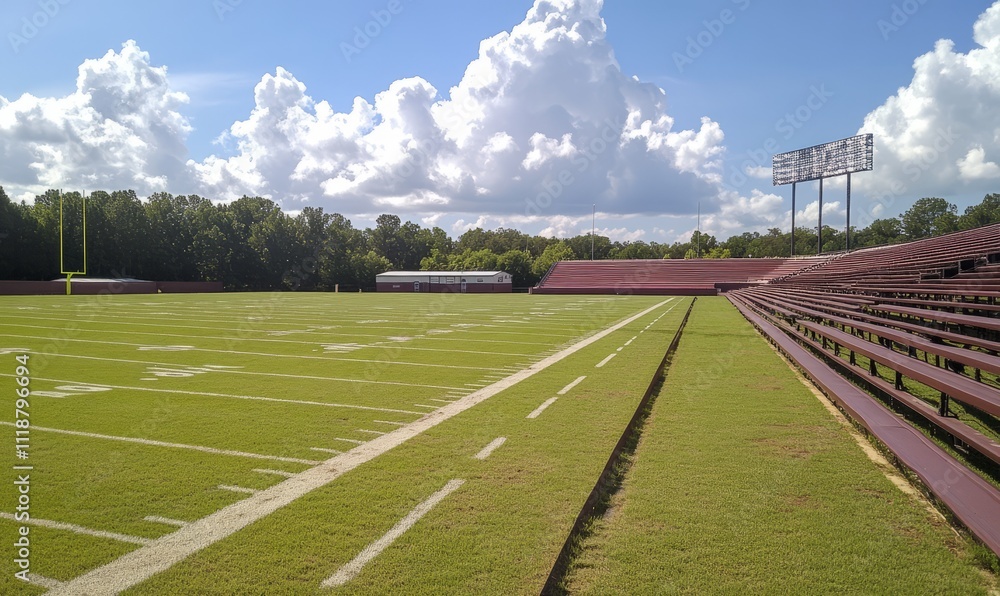 Obraz premium A high school football field with pristine grass, empty bleachers, and stadium lights on, showcasing the quiet scene before the game.