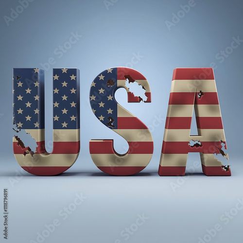 Worn 3d letters with the writing USA, American flag