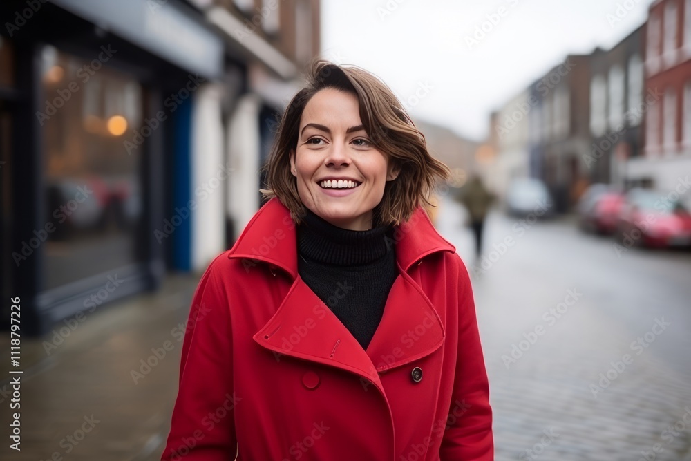 Portrait of a beautiful woman in red coat smiling at the camera Portrait of a beautiful woman in red coat smiling at the camera
