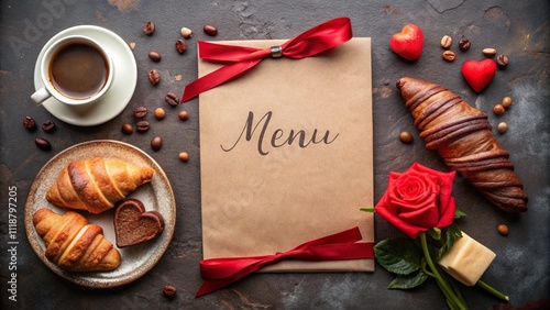 A cozy breakfast setup featuring a handwritten menu, fresh croissants, a cup of coffee, red roses, chocolates, and nuts on a rustic dark background. Perfect for romantic themes or cafes. photo