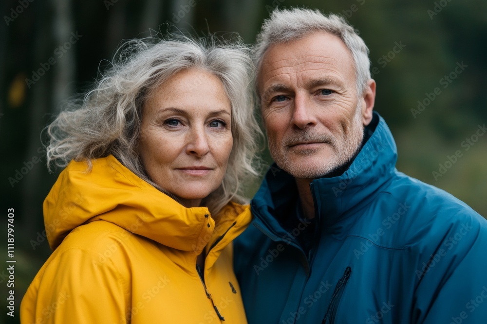 A man and woman are standing next to each other, both wearing jackets A man and woman are standing next to each other, both wearing jackets
