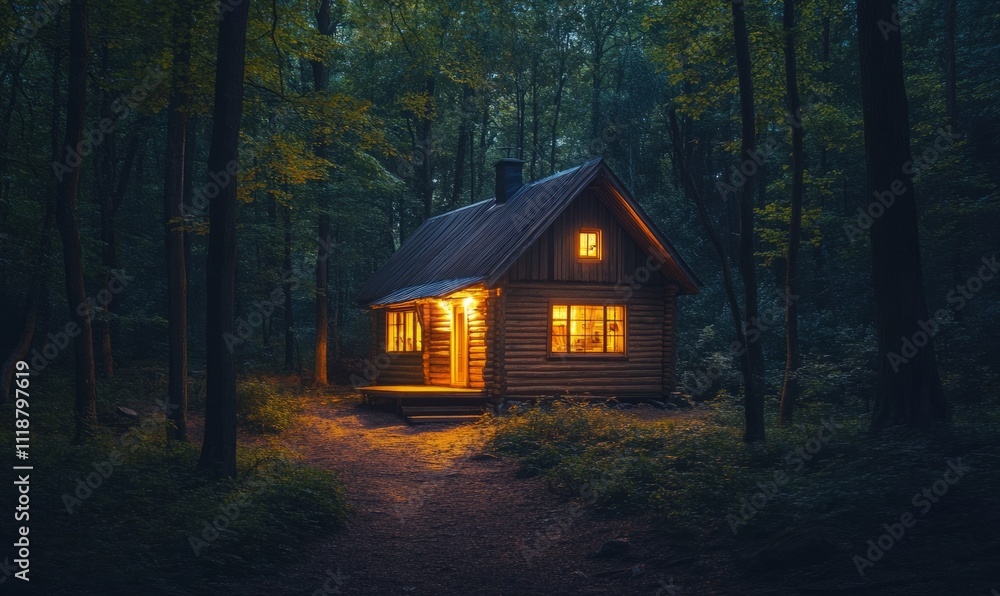 Cozy wooden cabin surrounded by forest at night, illuminated with soft glowing lights, peaceful and tranquil vibe Cozy wooden cabin surrounded by forest at night, illuminated with soft glowing lights, peaceful and tranquil vibe