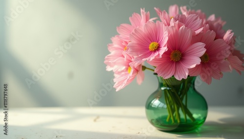 Wallpaper Mural A charming bouquet of soft pink daisies bursts forth from a vibrant green vase, basking in the gentle sunlight that filters through a nearby window. The delicate petals, adorned with sunny yellow Torontodigital.ca