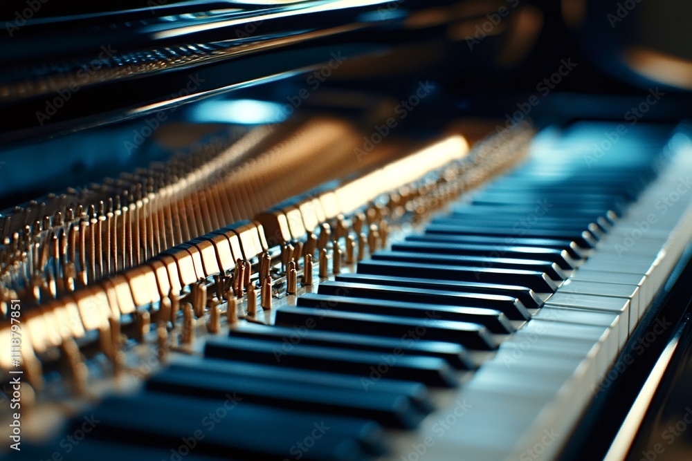 Capturing the intricate mechanics of a grand piano, the close-up view reveals the polished keyboard and internal hammers, showcasing the elegance and craftsmanship of this musical instrument Capturing the intricate mechanics of a grand piano, the close-up view reveals the polished keyboard and internal hammers, showcasing the elegance and craftsmanship of this musical instrument