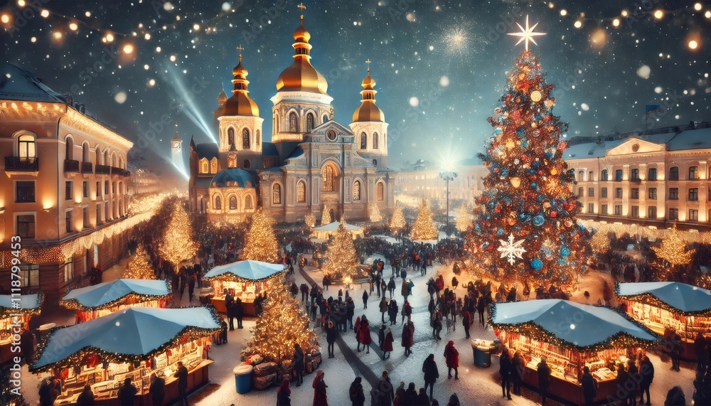 Obraz premium Christmas market in kyiv's sofiiska square with falling snow at night
