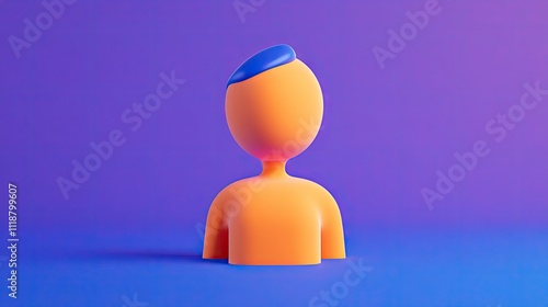A stylized, abstract figure with a vibrant orange body and a blue cap, set against a gradient purple background.