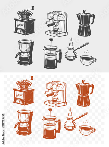 Coffee, set of objects, hand drawn vector illustrations, coffee maker, coffee grinder, turk