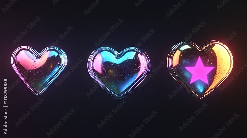 Three glowing heart-shaped icons with vibrant colors against a dark background, creating a playful and modern feel. Three glowing heart-shaped icons with vibrant colors against a dark background, creating a playful and modern feel.