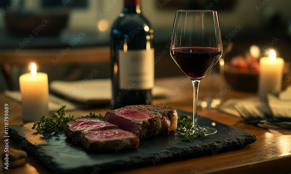 elegant restaurant table setting with wine and medium-rare steak sliced on black stone board candlelit atmosphere elegant restaurant table setting with wine and medium-rare steak sliced on black stone board candlelit atmosphere