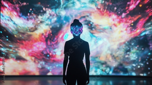 A sleek humanoid AI with glowing eyes, standing in front of a massive projection of a generative art piece, symbolizing its creative mind