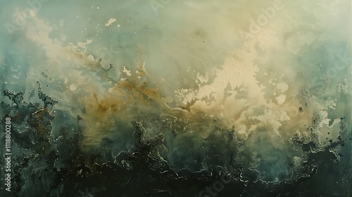 An encaustic painting of an abstract landscape, blending vibrant wax-based pigments with textured layers to create a dynamic, atmospheric scene that evokes both natural beauty and emotional depth photo