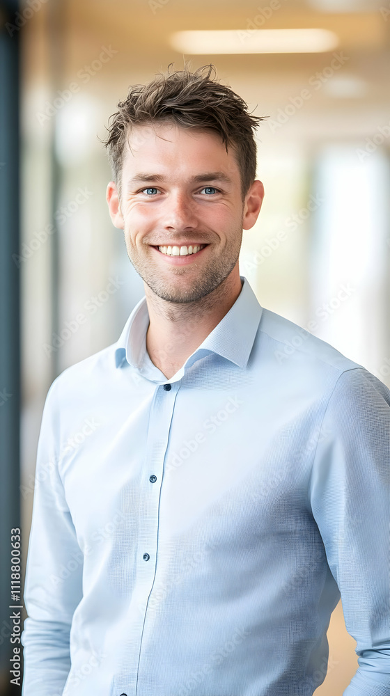 A young man smiling in a professional setting, wearing a light blue shirt. A young man smiling in a professional setting, wearing a light blue shirt.
