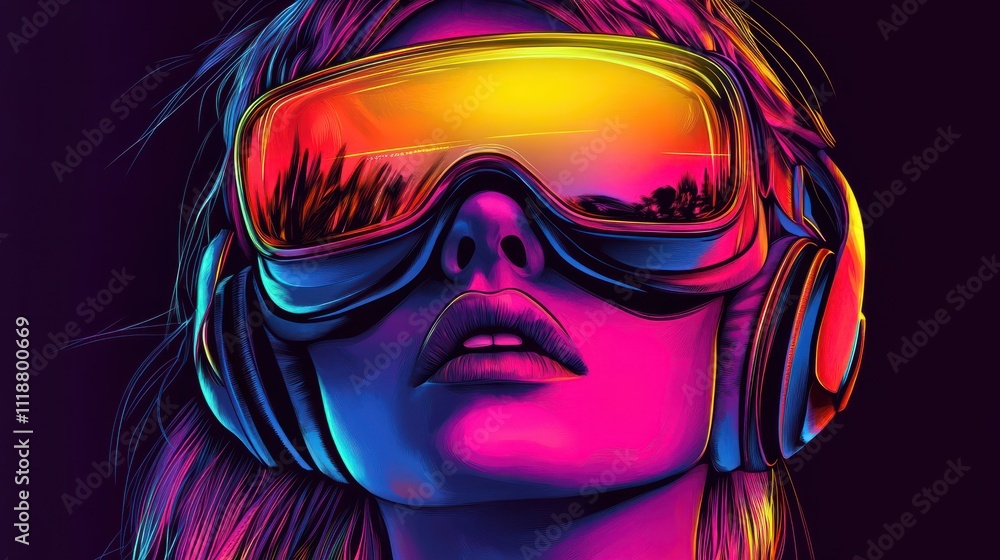 Woman in virtual reality goggle in neon colors. Woman in virtual reality goggle in neon colors.