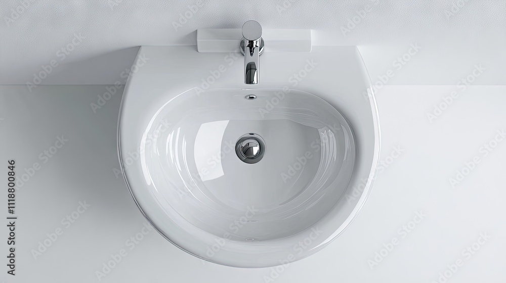 Fototapeta premium Modern sleek white washbasin with a chrome faucet, set against a minimalist backdrop.