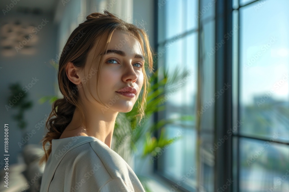 Portrait of a beautiful young woman standing near the window at home Portrait of a beautiful young woman standing near the window at home