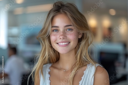 Portrait of beautiful young businesswoman smiling at camera in office.