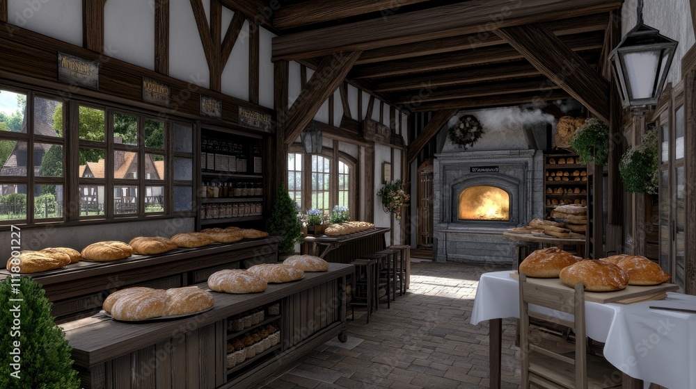 Fototapeta premium Rustic bakery showcases a variety of bread loaves on wooden tables with warm light filtering through dusty windows, creating a cozy atmosphere