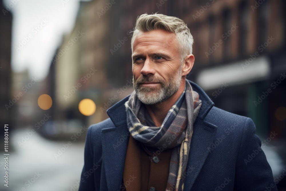 Handsome middle-aged man with a beard wearing a coat and scarf in a city street. Handsome middle-aged man with a beard wearing a coat and scarf in a city street.
