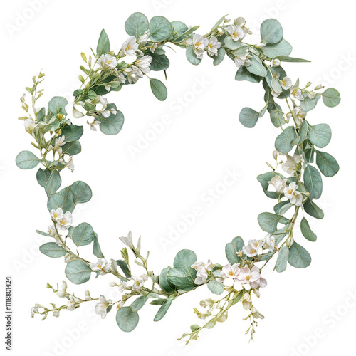 Decorative Wreath Made of Eucalyptus Leaves and Small White Flowers Perfect for Home Decor and Events Like Weddings or Parties photo