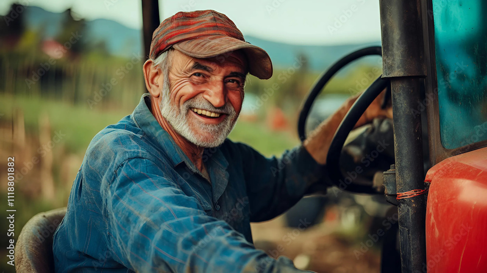 Agricultor sonríe desde su tractor Agricultor sonríe desde su tractor