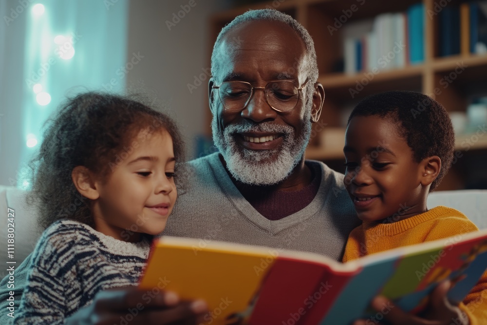 Obraz premium A man is reading a book to two children