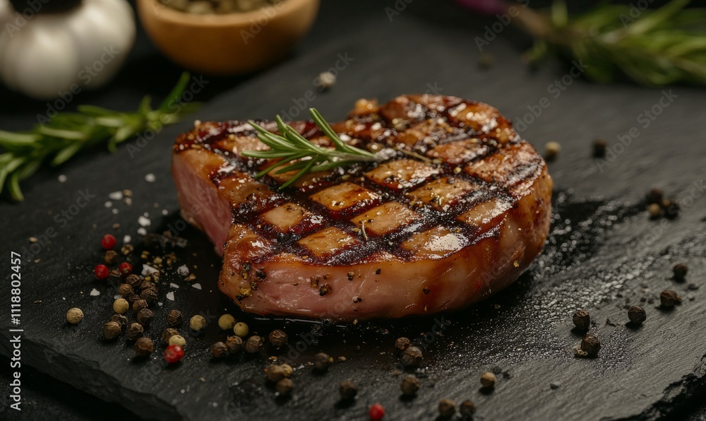 grilled ham with fresh herbs peppercorns on dark stone background gourmet meal hyper-realistic grilled ham with fresh herbs peppercorns on dark stone background gourmet meal hyper-realistic