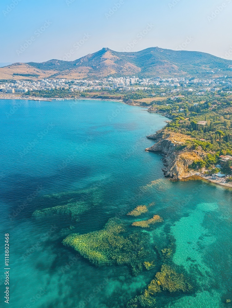 Obraz premium Aerial drone photo of beautiful emerald seascape of Porto Rafti, Mesogeia, Attica, Greece
