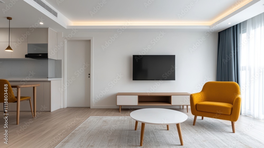 Fototapeta premium Modern Living Room Interior with Yellow Chair and TV Display