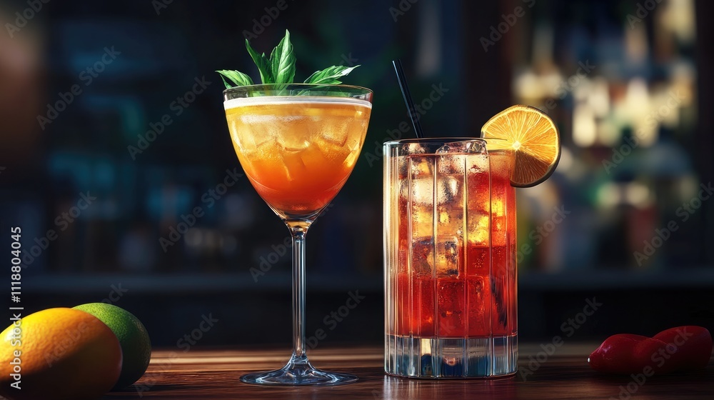 Two vibrant cocktails, one a bright orange with basil, the other a dark drink garnished with an orange slice. Two vibrant cocktails, one a bright orange with basil, the other a dark drink garnished with an orange slice.