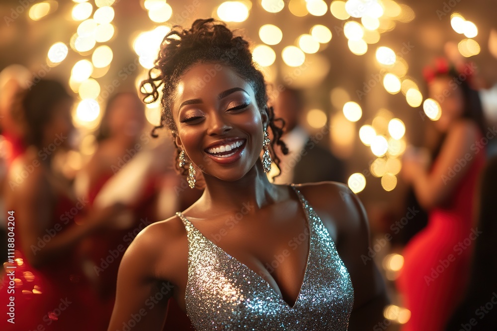 Woman in glitter dress smiling at festive event, bokeh lights background Woman in glitter dress smiling at festive event, bokeh lights background