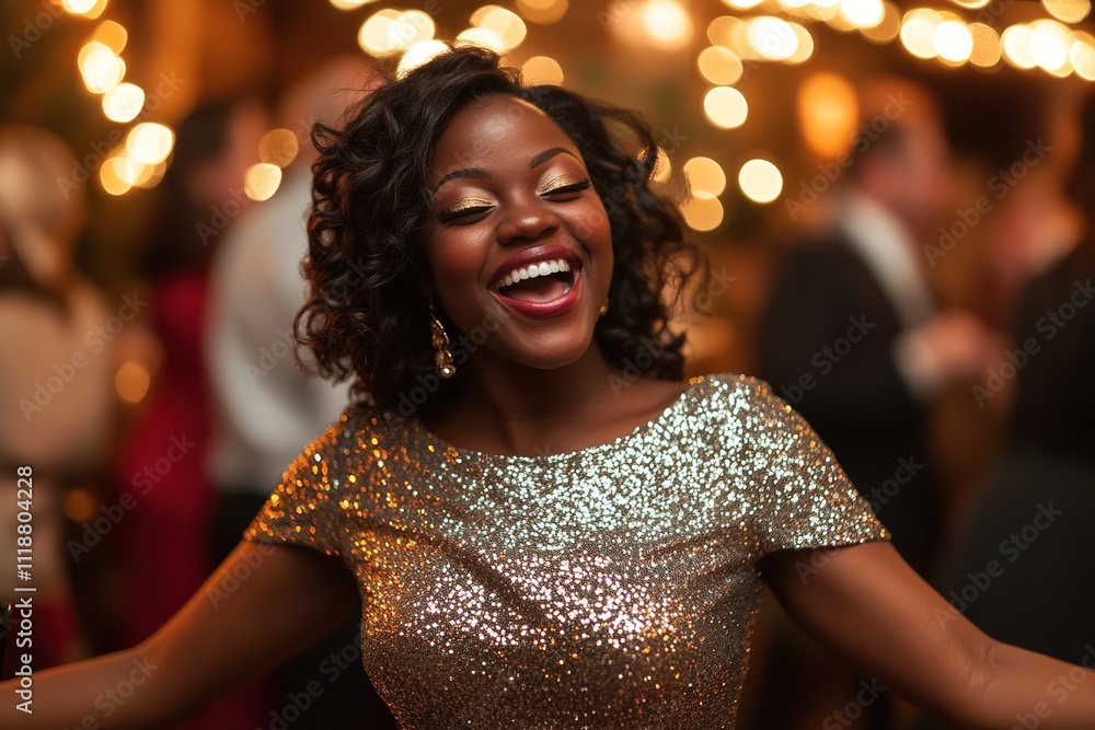 Joyful woman in glitter dress dancing at party with lights Joyful woman in glitter dress dancing at party with lights