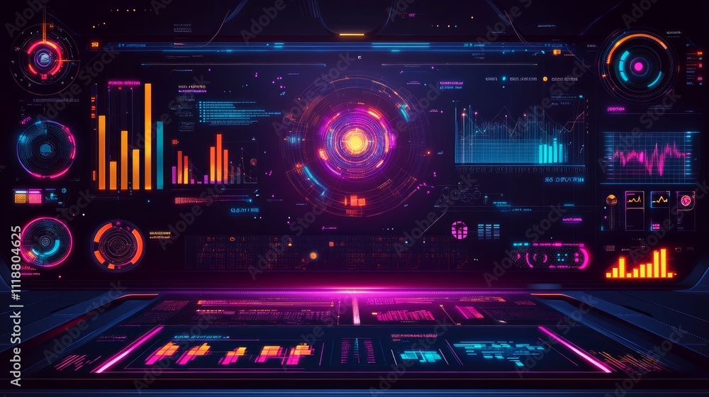 Futuristic digital dashboard with glowing graphs and charts. Futuristic digital dashboard with glowing graphs and charts.