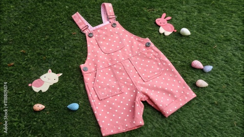 Pink polka dot baby jumpsuit lying on green grass decorated with colorful easter eggs and bunnies celebrating the arrival of spring and the joy of childhood