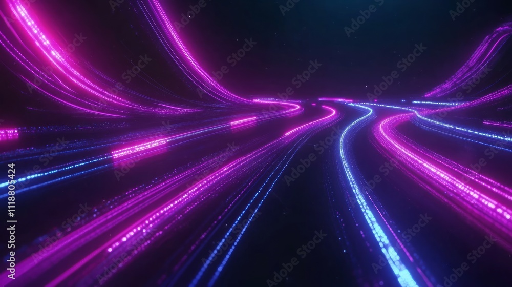 Abstract glowing pink and blue light trails forming dynamic curves in dark space. Abstract glowing pink and blue light trails forming dynamic curves in dark space.