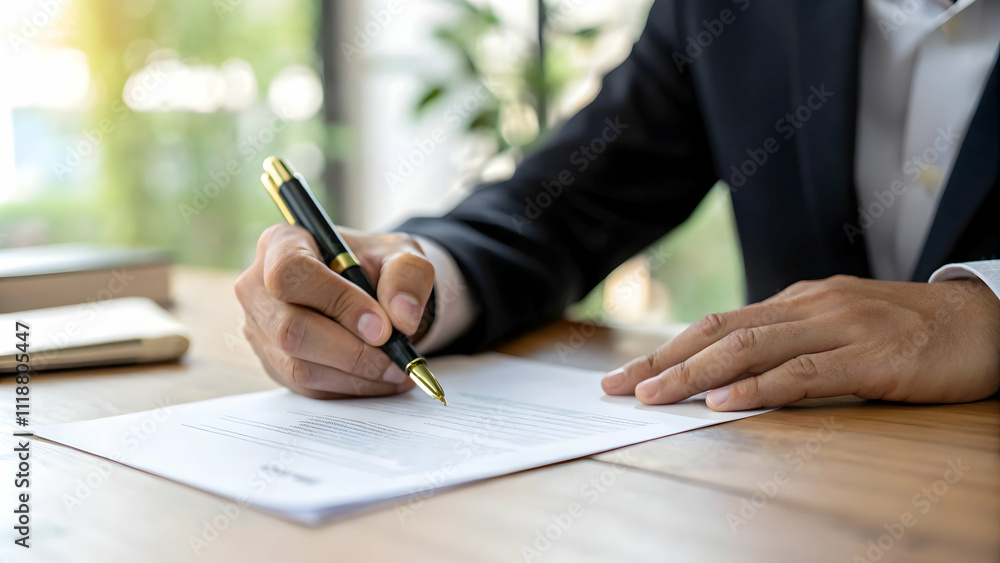 Professional Businessman Signing Important Documents in a Modern Office Environment Professional Businessman Signing Important Documents in a Modern Office Environment