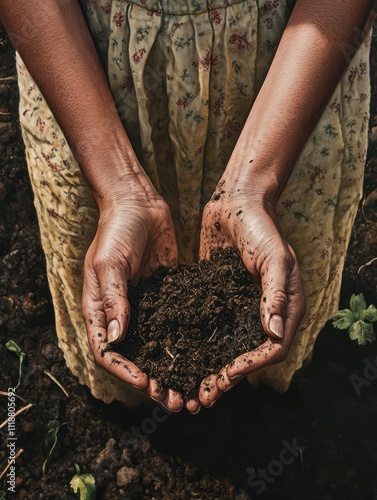 Close up of female famer hands holding soil outdoors at community farm. photo