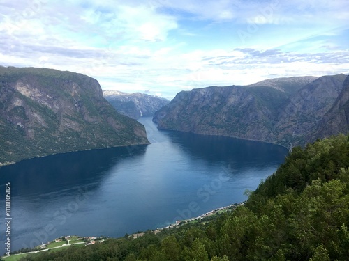 Scenic Overlook of Norway Aurlandsfjord with Majestic Mountains and Serene Waters