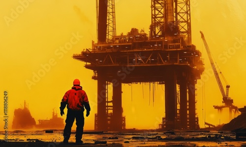 industrial worker in orange silhouette oil rig construction site yellow background bold industrial art photo