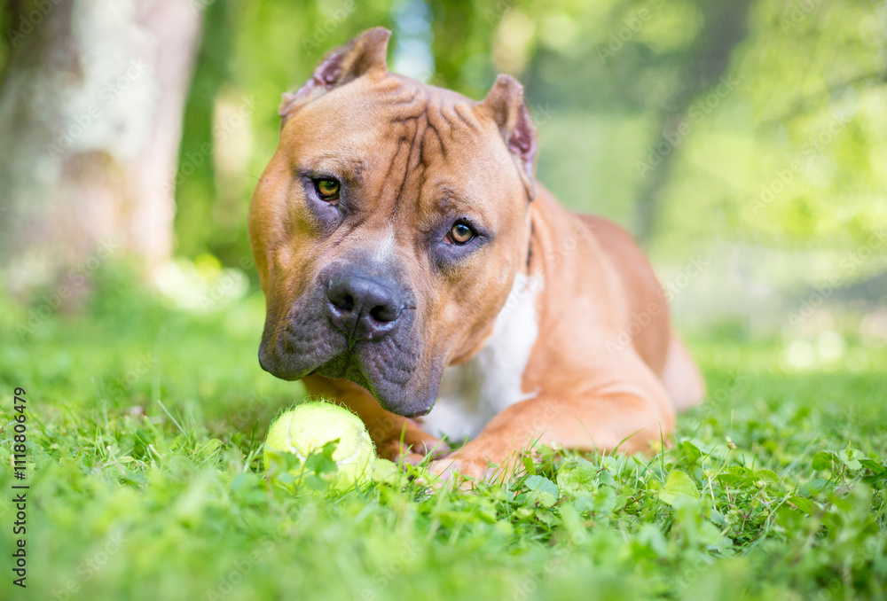 A Mastiff x Pit Bull Terrier mixed breed dog with cropped ears, lying down with a ball A Mastiff x Pit Bull Terrier mixed breed dog with cropped ears, lying down with a ball