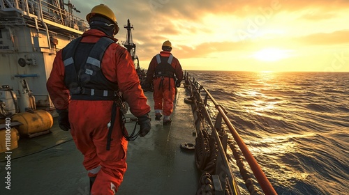 Sunset at Sea: Workers in Red Suits Walking on Ship Deck photo