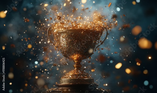 Golden Trophy Overflowing with Sparkling Confetti and Glitter