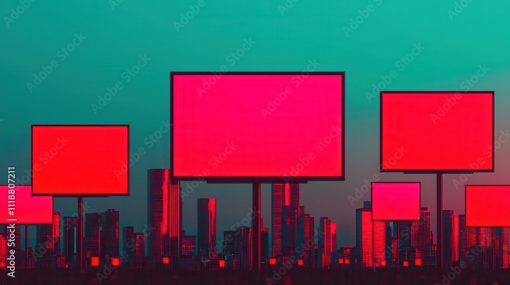 Urban Landscape with Colorful Billboards Against a City Skyline Urban Landscape with Colorful Billboards Against a City Skyline