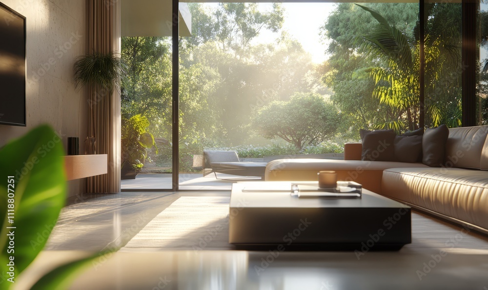 Fototapeta premium Luxurious modern home surrounded by greenery, sleek clean lines and floor-to-ceiling glass windows, natural daylight