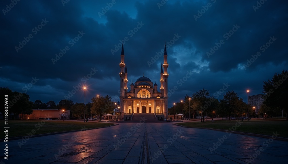 Naklejka premium A serene night view of a mosque courtyard with soft lighting casting a gentle glow on the steps and facade, under a starry sky