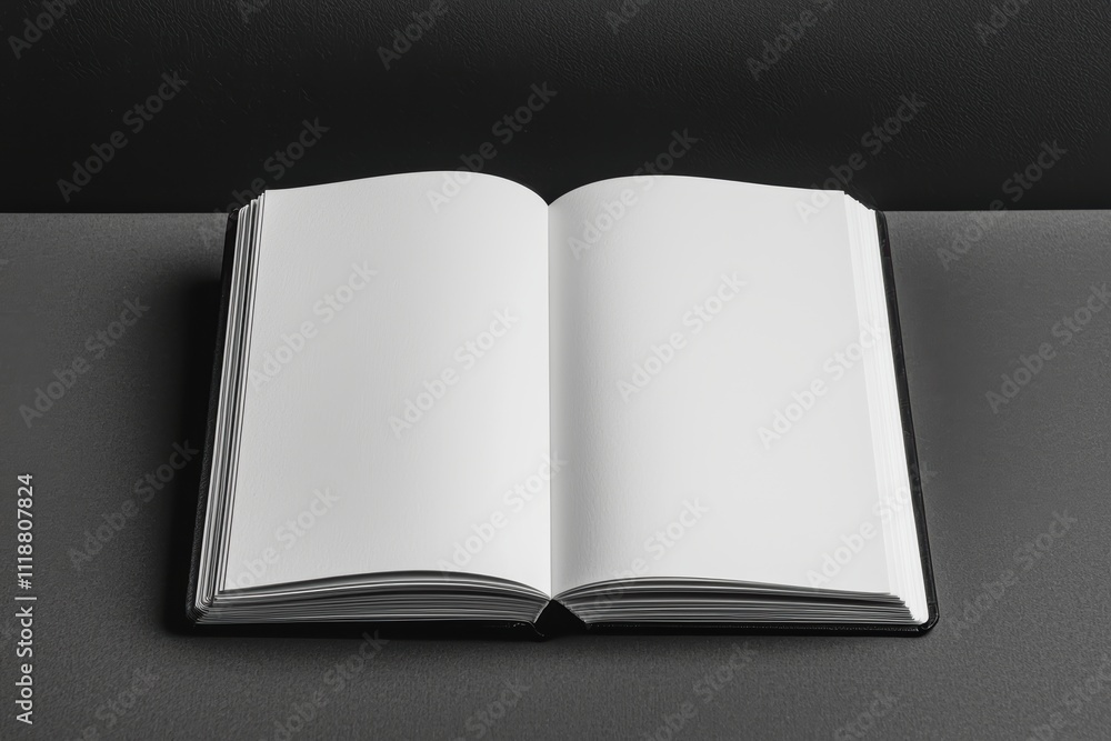 Open notebook showing blank pages on gray table with black background Open notebook showing blank pages on gray table with black background