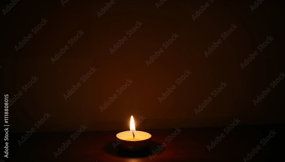 Single lit tealight candle on a wooden surface with warm glow against a dark background, evoking simplicity and tranquility Single lit tealight candle on a wooden surface with warm glow against a dark background, evoking simplicity and tranquility