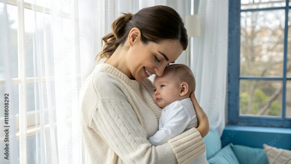 Joyful Moments Captured Between Mother and Baby in Soft Natural Light by the Window Joyful Moments Captured Between Mother and Baby in Soft Natural Light by the Window
