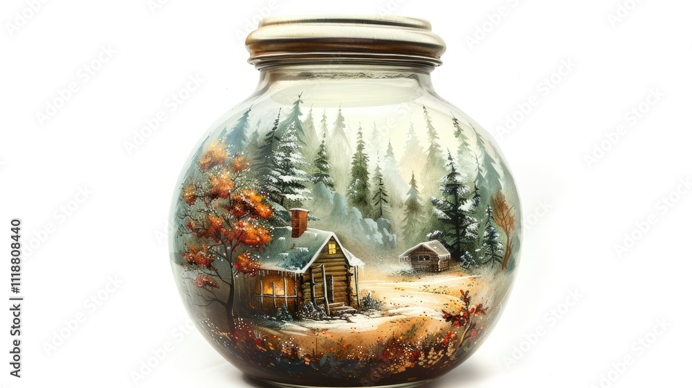 A jar with a snowy forest and cabin inside A jar with a snowy forest and cabin inside